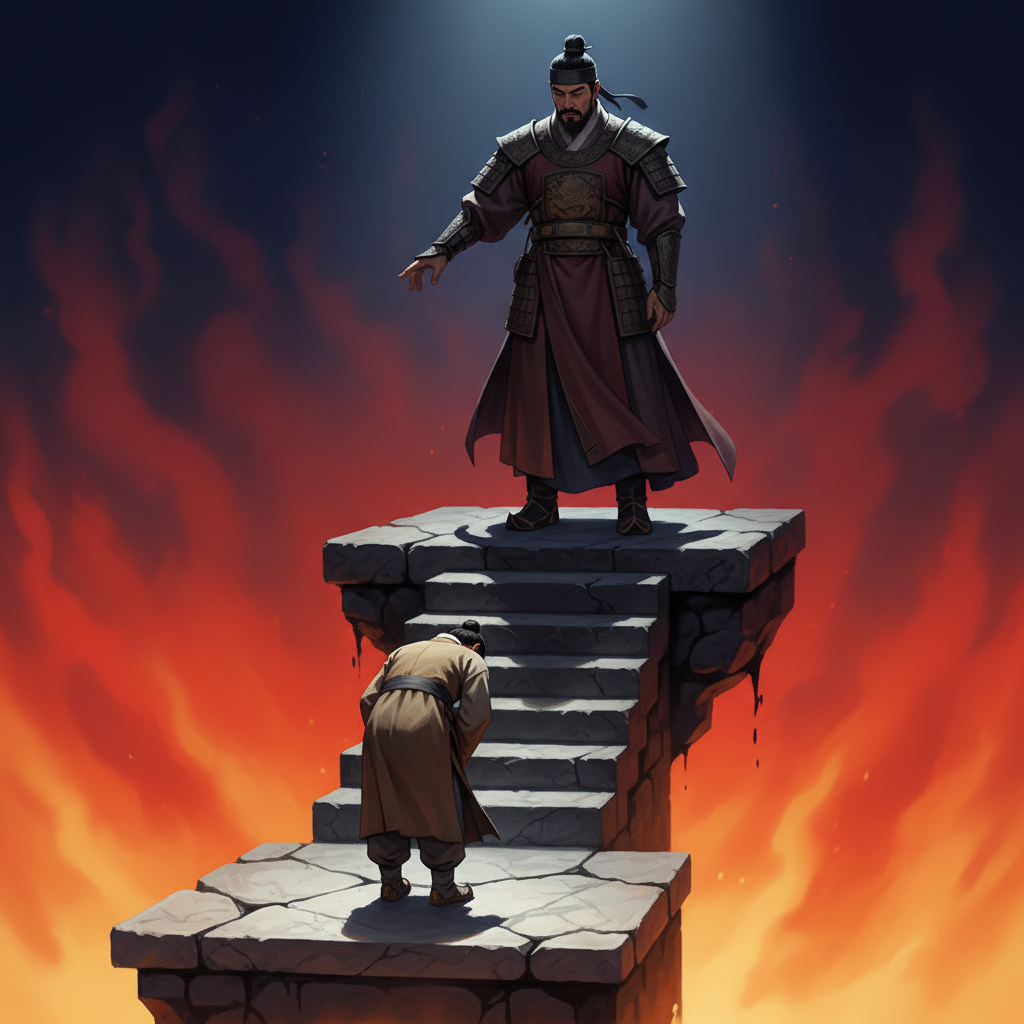 A conceptual illustration showing hierarchical power dynamics with contrasting figures on different levels of stairs or platforms. One figure bowing upward, another dominating downward. Warm gradient background transitioning from dark blue to orange, dramatic lighting emphasizing the contrast. Korean appearance characters, no text in image.