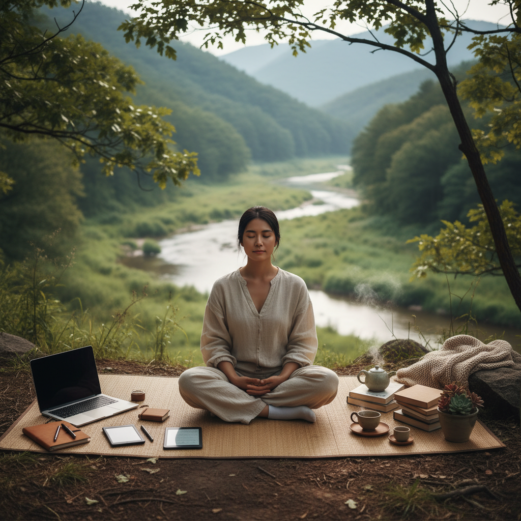 A peaceful lifestyle photography of a Korean person meditating or relaxing in nature, with a balanced composition showing work materials on one side and leisure items on the other. Soft natural lighting, serene atmosphere, no text in image.