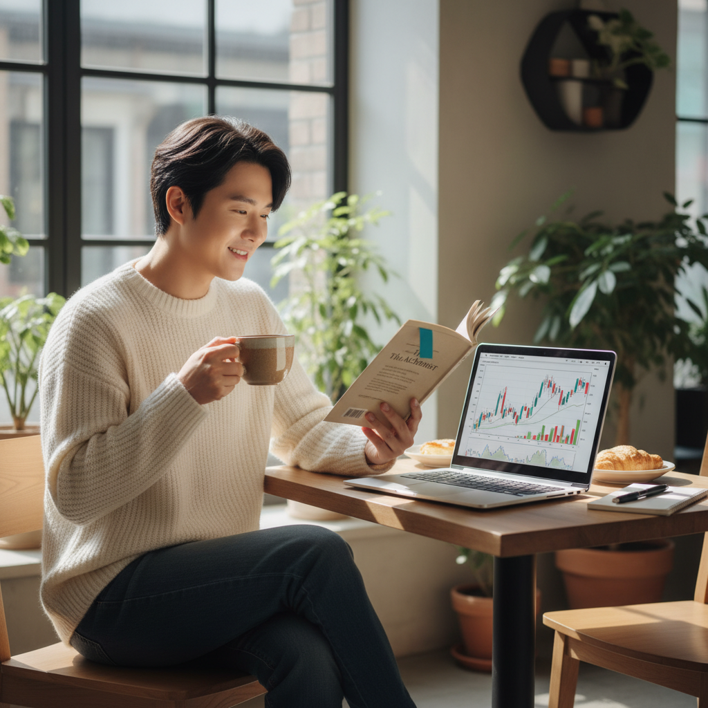 A relaxed Korean person enjoying coffee at a cafe with laptop showing investment charts, but also reading a book and smiling, balanced lifestyle concept, bright natural lighting, lifestyle photography, no text