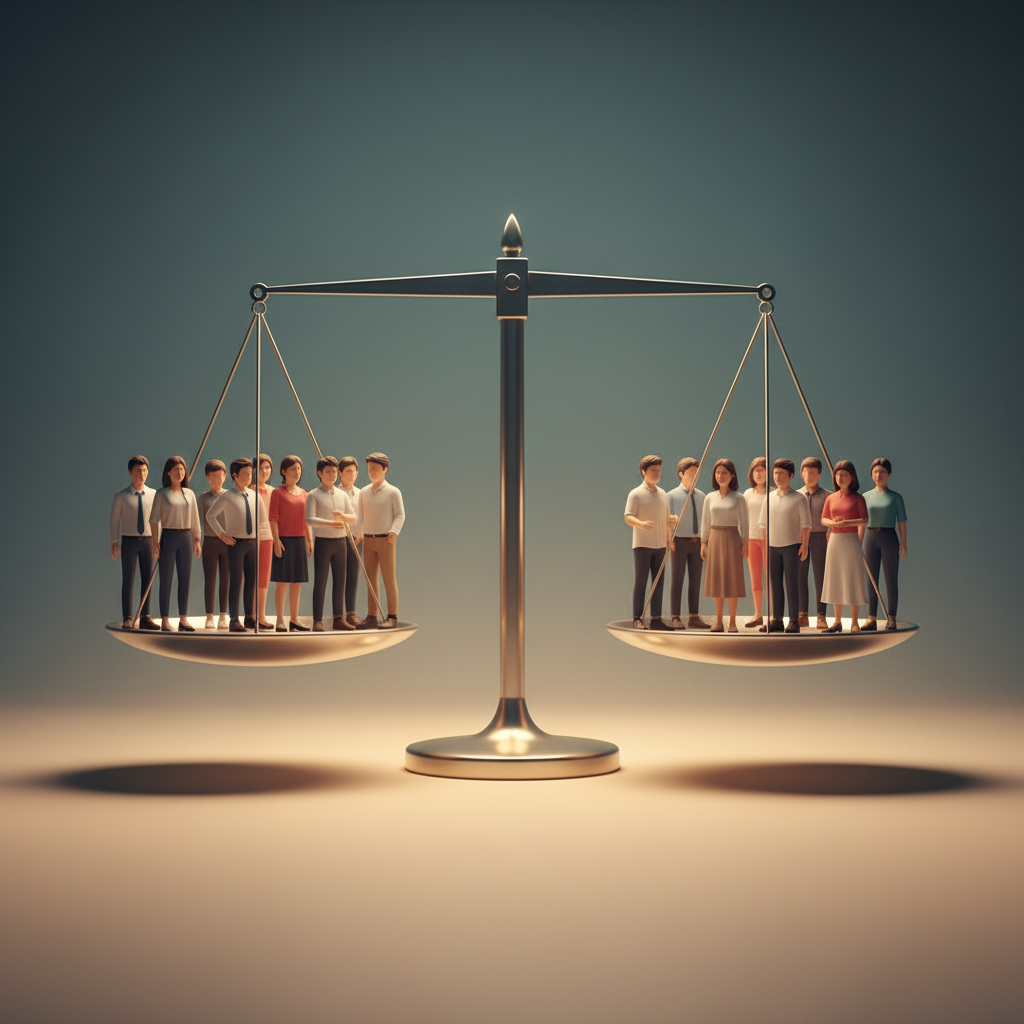 A symbolic composition showing balanced scales with diverse people figures on equal levels. Warm golden light illuminating the scene, gradient background from deep teal to soft amber. Modern minimalist style with clear focus on equality and fairness concept, Korean appearance figures, no text in image.