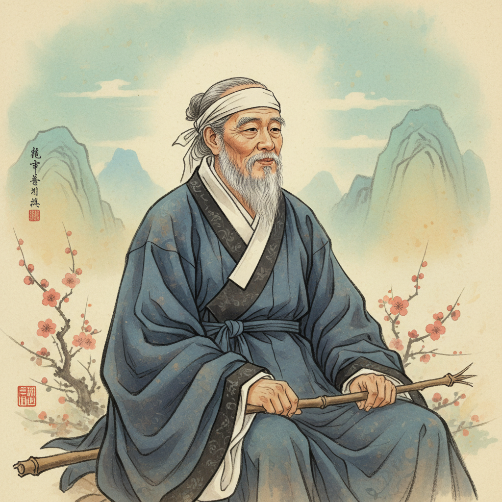 An artistic illustration of a wise, elderly Korean person, perhaps a monk or scholar, with a serene expression, looking thoughtfully into the distance. The background is a soft, textured gradient reminiscent of traditional Asian art. Style: artistic rendering, textured background. Bright, balanced lighting, centered focus. Korean appearance.