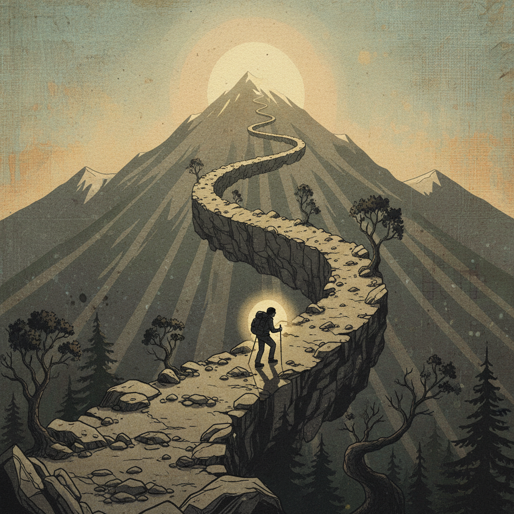 A person climbing a steep, winding mountain path towards a distant, softly glowing summit, symbolizing perseverance and overcoming obstacles. The path is challenging but the climber shows determination. Style: illustration, artistic rendering, textured background. No text.