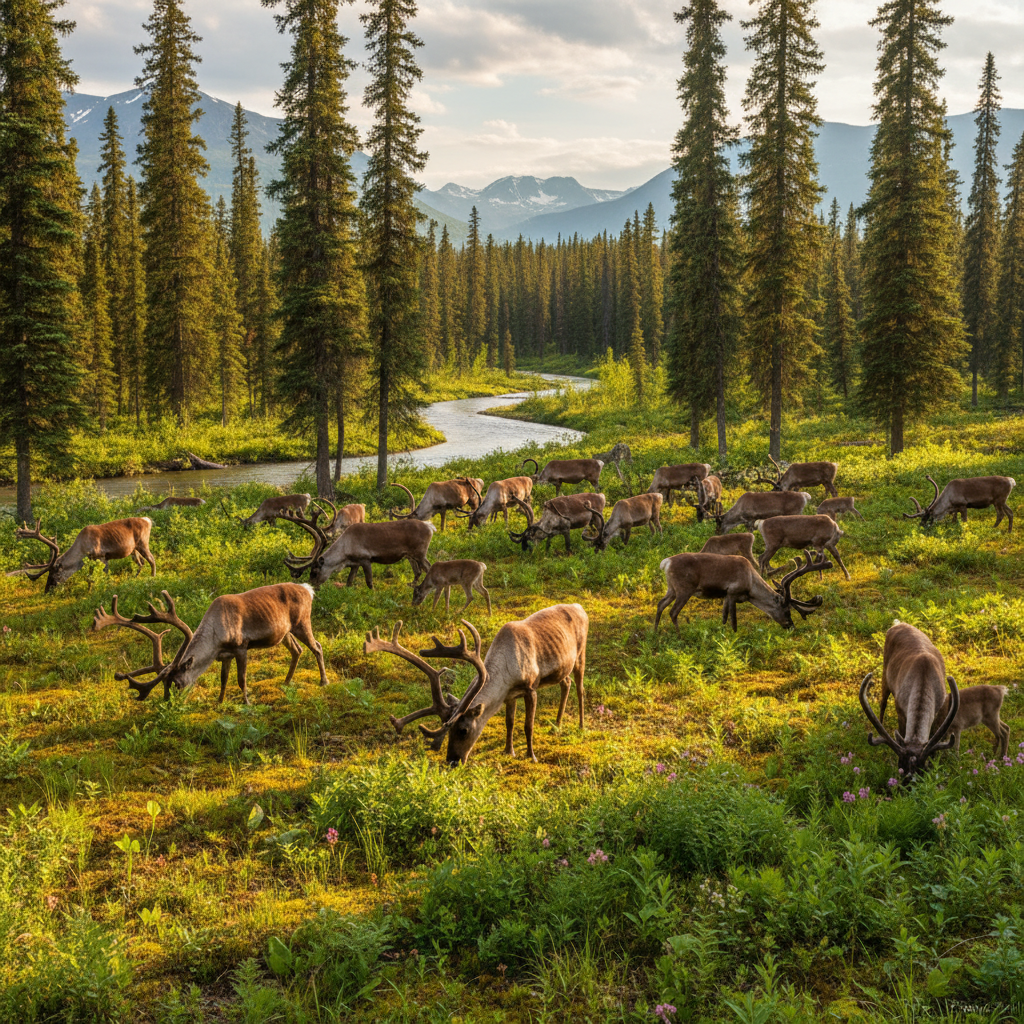 A majestic herd of caribou grazing peacefully in a lush, green forest within Nahanni National Park. Sunlight filters through the tall pine trees, illuminating their elegant forms and antlers. The atmosphere is tranquil and wild. Style: wildlife photography, natural habitat. No text.