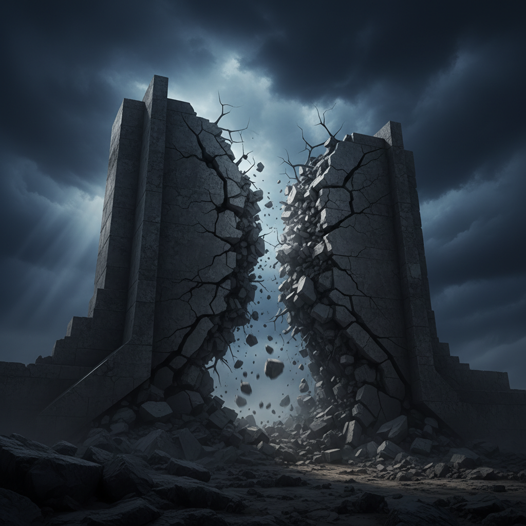 A dramatic scene showing a crumbling ancient fortress with cracks spreading from within, dark storm clouds gathering overhead, pieces falling apart from internal pressure, cinematic lighting with deep shadows, textured stone walls, gradient sky background transitioning from dark blue to ominous gray, no text