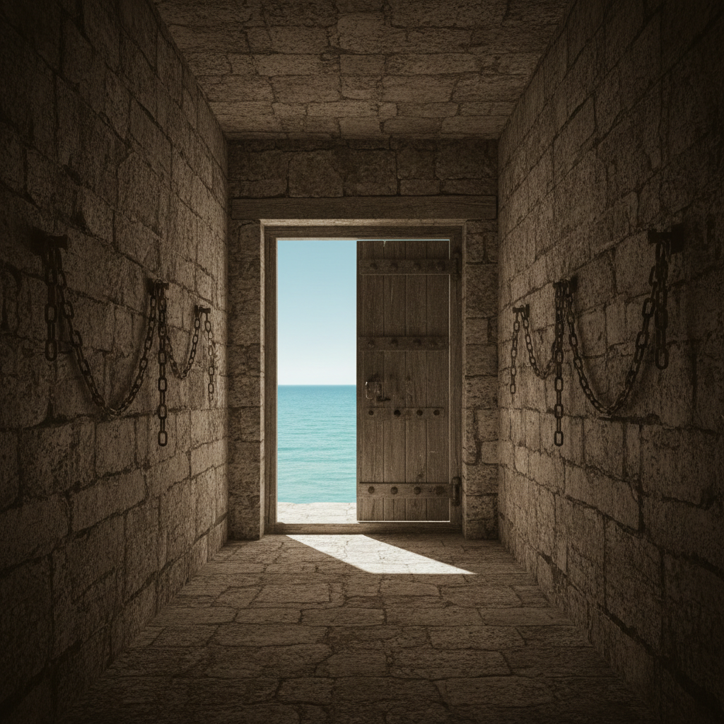 Dark stone corridor inside the House of Slaves on Goree Island, heavy wooden door at the end opening to bright ocean view, dramatic contrast between shadowy interior and light outside, historical illustration style with textured walls, somber atmosphere, chains visible on walls, no text