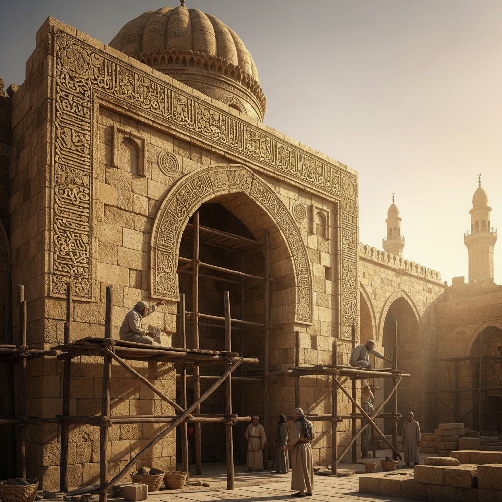 Ancient Damascus historic monument under restoration, showing detailed Islamic architecture with intricate stone carvings and arches. Skilled craftsmen working on preservation, warm golden sunlight, textures of weathered stone and traditional building materials. Documentary photography style, hopeful atmosphere, cultural heritage focus, no text.