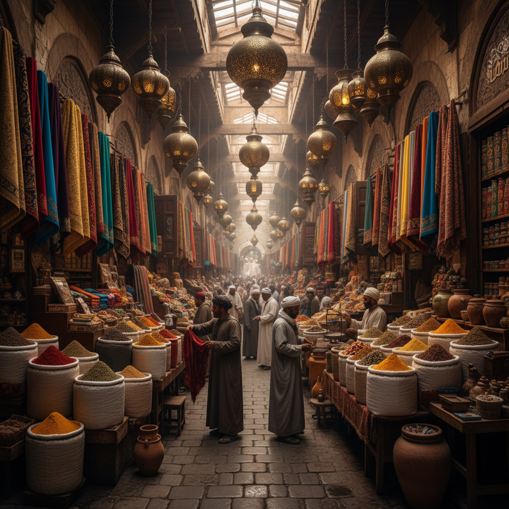 Traditional Damascus souk marketplace with colorful textile displays, spices in large sacks, brass lanterns hanging from ceiling, merchants and shoppers interacting. Warm ambient lighting, rich colors of red, gold, and deep blue, detailed Middle Eastern market atmosphere. Realistic photography with vibrant cultural elements, no text.