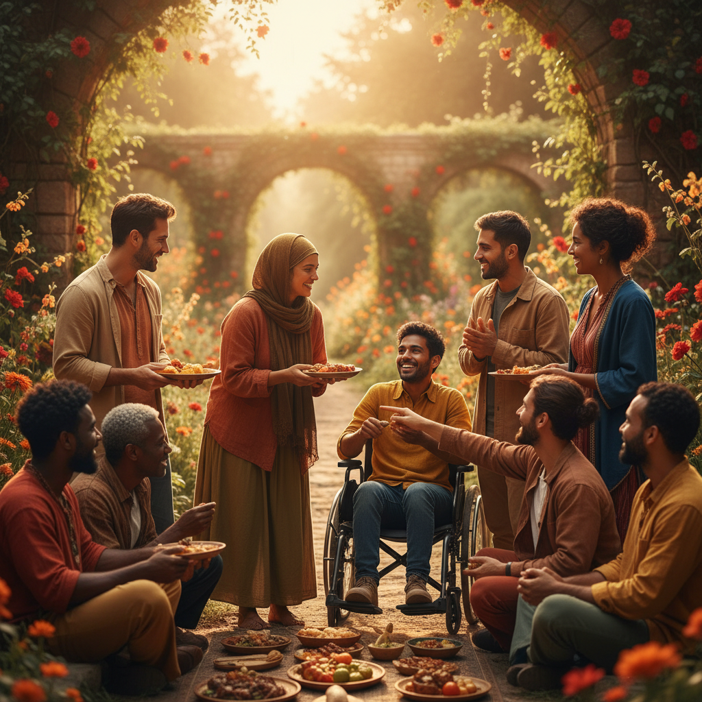 Warm lifestyle photography showing people of different backgrounds respecting each other's choices, colorful natural setting with soft golden hour lighting, diverse individuals in harmonious interaction, rich textured background with warm tones, genuine smiles and positive atmosphere, no text