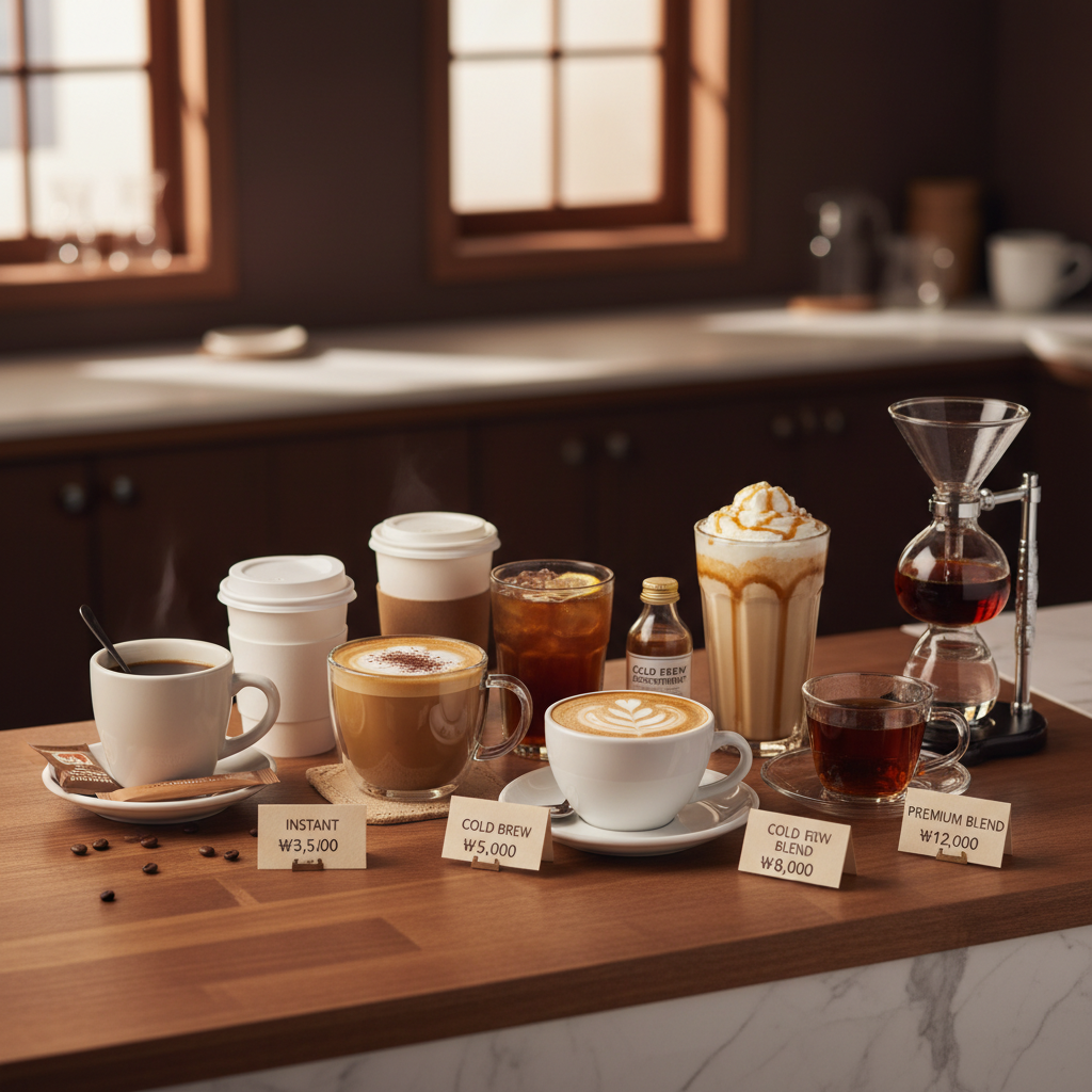 Variety of coffee cups and beverages arranged on cafe counter - from basic instant coffee to premium specialty drinks, warm cafe lighting, wooden counter with marble accents, rich brown and cream gradient background, lifestyle photography, Korean cafe setting, natural composition showing price diversity