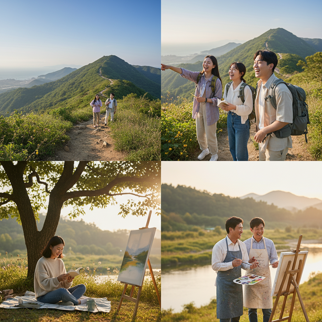A diverse group of Korean people engaging in various hobby activities like hiking, reading, and painting, showing a sense of freedom and enjoyment. The atmosphere is vibrant and positive. Style: lifestyle photography, warm lighting, natural setting. Colored background, no text.
