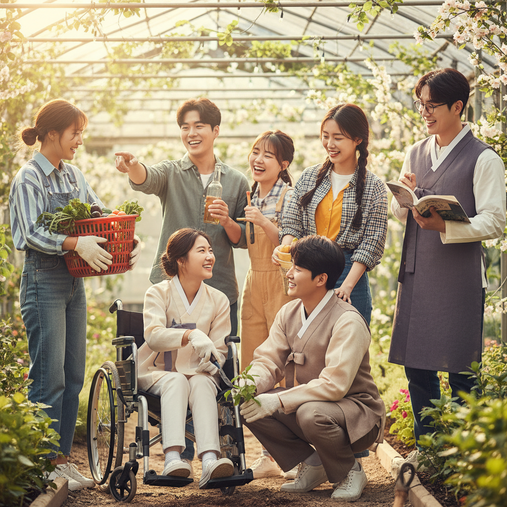 A heartwarming lifestyle photograph showing diverse group of young Korean people from different backgrounds working together or supporting each other, representing social cooperation and mutual understanding. Bright natural lighting, positive atmosphere, no text.