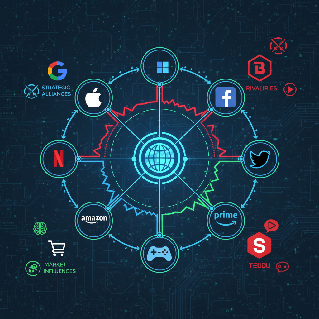 A complex network diagram showing various interconnected big tech company logos (Google, Apple, Amazon, Facebook, etc.). The connections indicate strategic alliances, rivalries, and market influences, illustrating a dramatically altered future tech landscape. Clean infographic, modern layout, high contrast. No text. Textured background, bright balanced lighting, visually rich, centered focus.