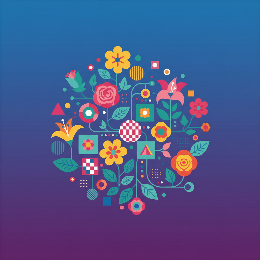 A clean infographic-style illustration showing various colorful geometric shapes, patterns, and natural elements arranged in an artistic composition. Includes flowers of different types, leaves in various forms, abstract shapes in multiple colors. Modern layout with gradient background from blue to purple. Visually rich, balanced composition. No text.