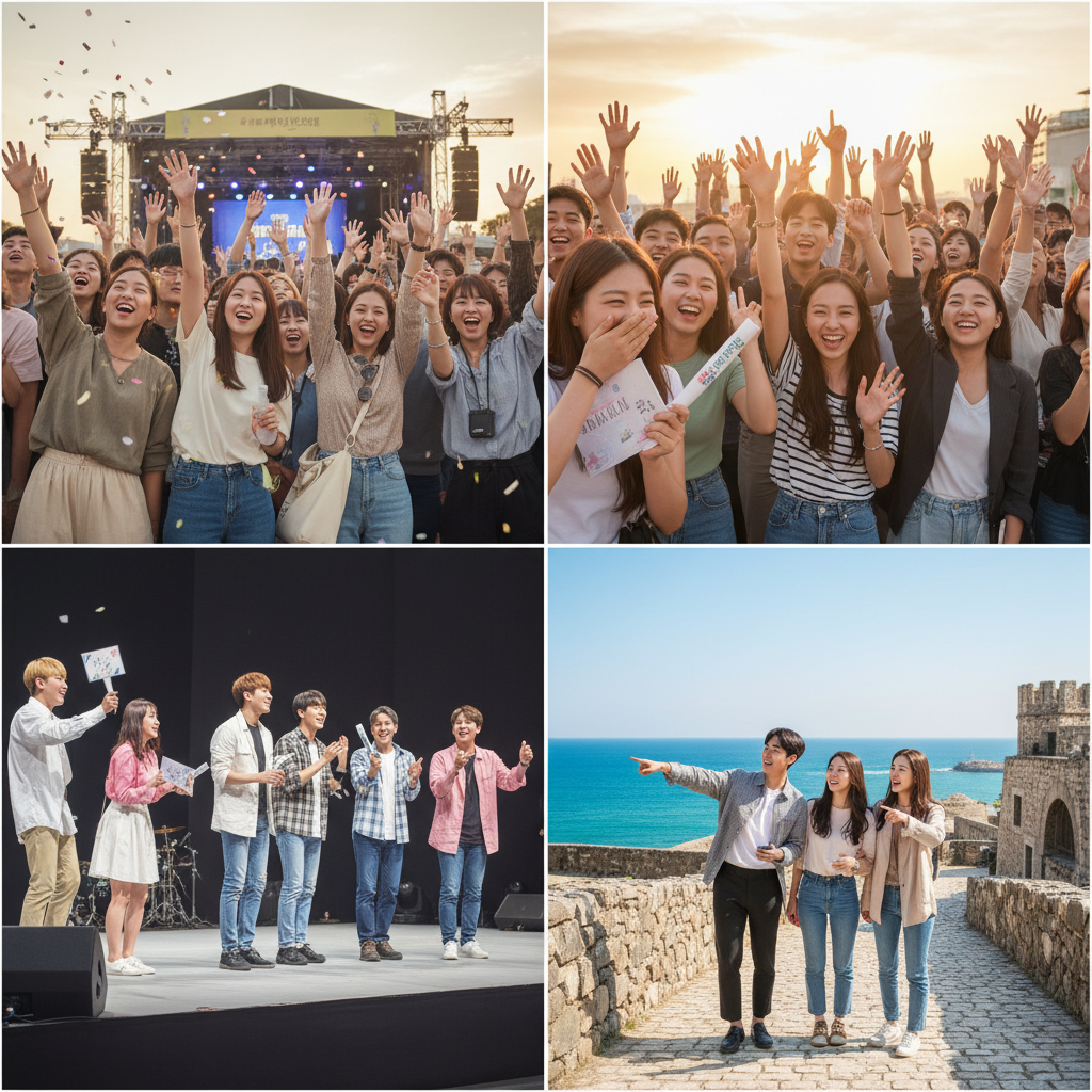 Dynamic lifestyle photography of diverse Korean individuals enjoying various activities (e.g., at a lively concert, engaged in a fan meeting, exploring a beautiful travel destination), showing genuine excitement and happiness. They are laughing, cheering, and fully immersed in the moment. Natural lighting. No text.
