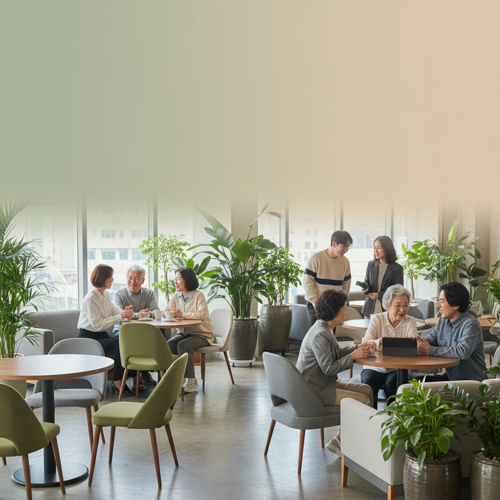 Modern office or cafe setting showing diverse age groups interacting with mutual respect. Young and older Korean people having friendly conversation, warm natural lighting, contemporary interior with plants and soft furniture. Gradient background from sage green to warm beige, lifestyle photography style, no visible text.