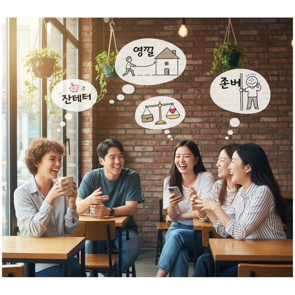 A group of diverse young Korean people casually chatting and laughing in a trendy cafe, with thought bubbles or speech bubbles playfully illustrating various trendy words or idioms related to modern life and finance. lifestyle photography, warm lighting, natural setting.