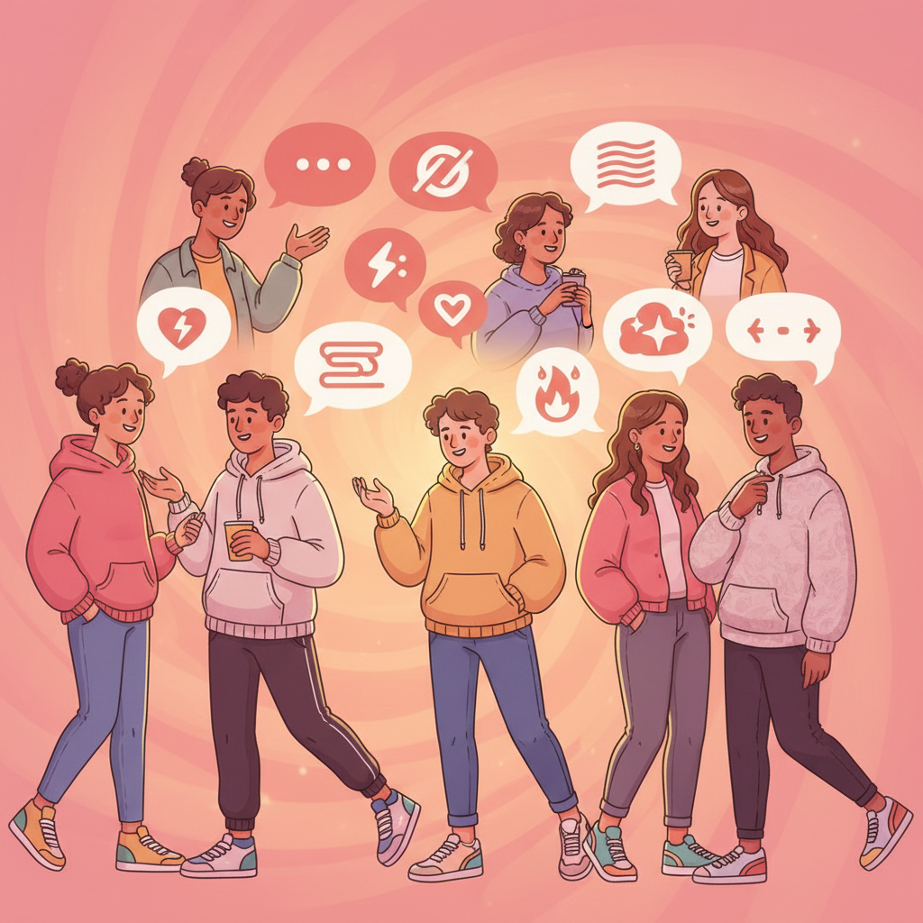 Creative illustration of modern slang words and communication styles, vibrant colorful background with gradient pink and orange tones, young people having casual conversations with speech bubbles, warm natural lighting, contemporary lifestyle scene, no text displayed