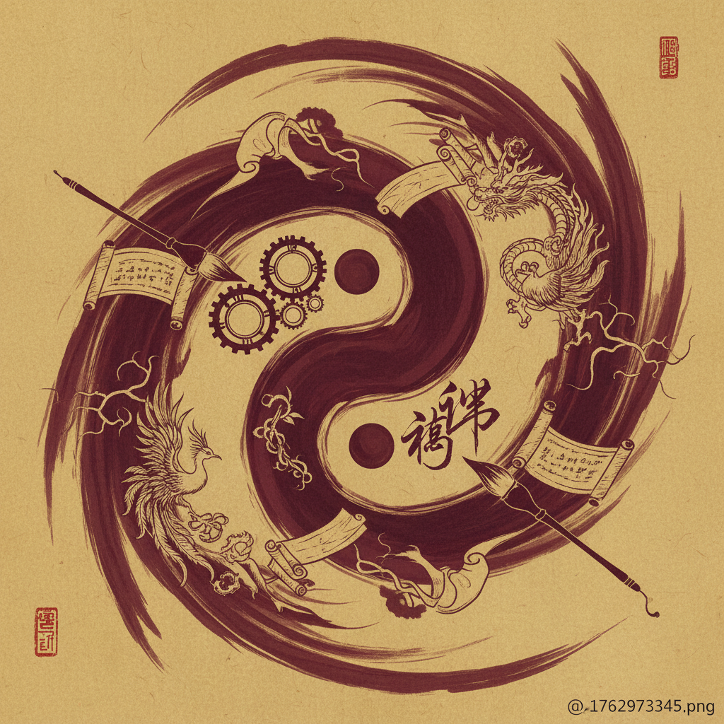 Eastern philosophy concept showing multiple strategic elements, yin-yang inspired composition with flowing movements, traditional calligraphy brushes and scrolls, rich burgundy and gold background, artistic depth, no text