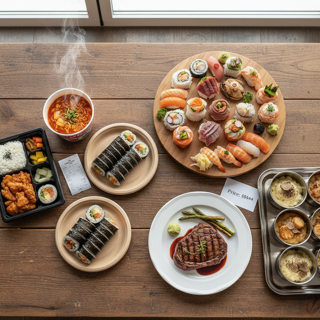 Overhead view of diverse lunch options arranged on wooden table - convenience store lunchbox, instant noodles, gimbap on left side, premium restaurant dishes, sushi platter, steak on right side, natural daylight, rich colors, textured wood background, realistic food photography, clear price contrast visualization through portion and presentation