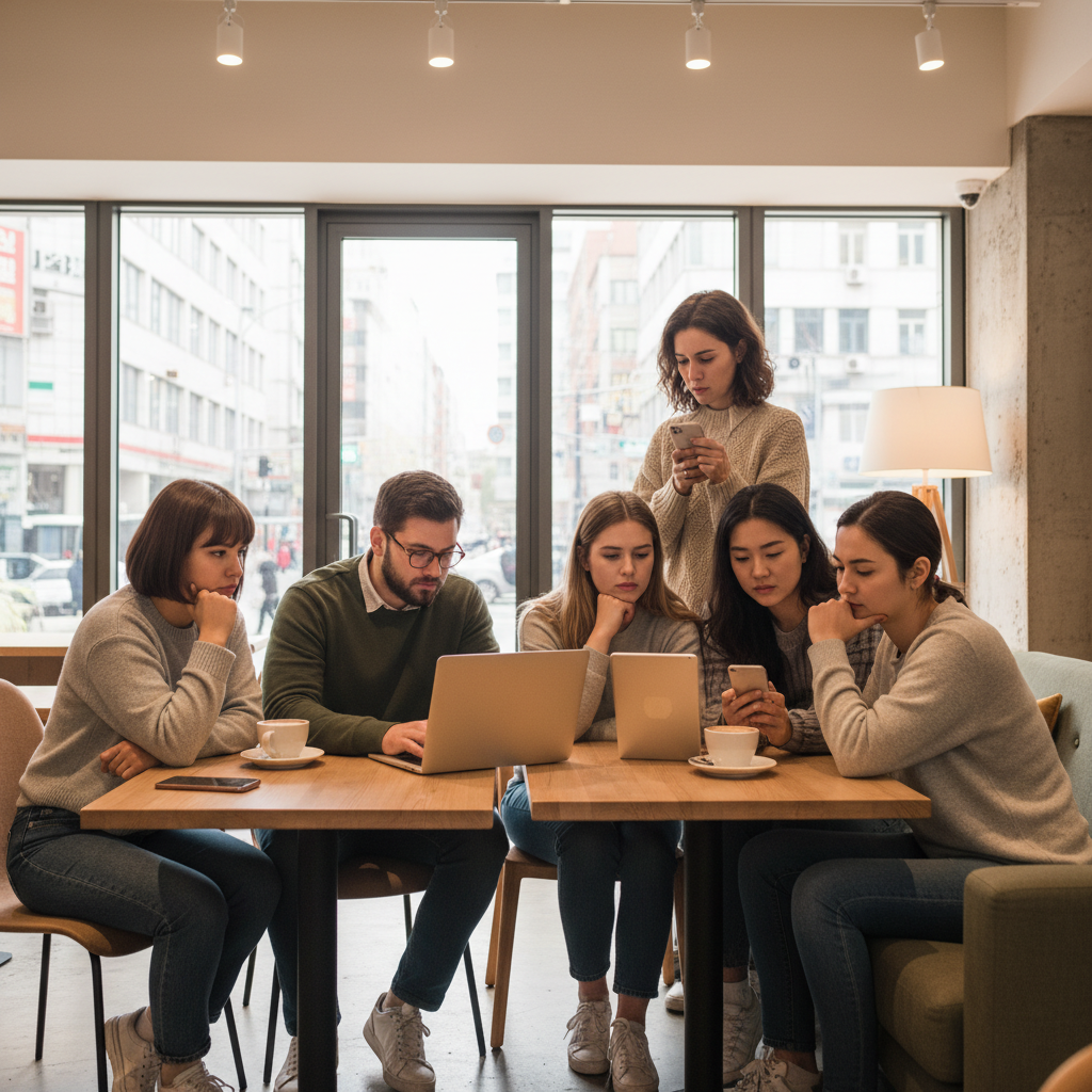 A group of diverse young Korean people in their 20s-30s in a modern cafe setting, each looking at their phones or laptops with contemplative expressions, warm ambient lighting, realistic lifestyle photography, contemporary urban atmosphere, natural interactions, soft color grading with warm tones
