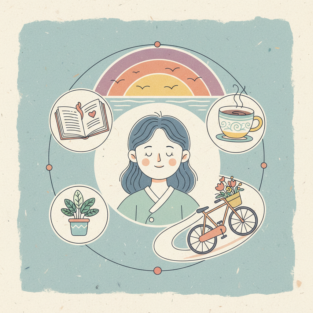 A Korean person surrounded by various symbols of happiness and well-being, like a small plant, a book, a cup of coffee, a bicycle, and a peaceful sunset. The style is a modern infographic or artistic rendering with a textured background. No visible text, no numbers.