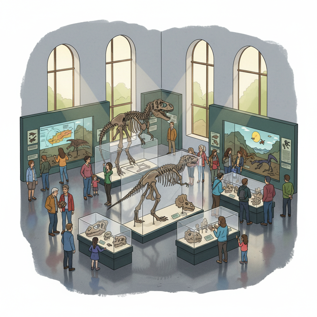 An illustration of the interior of Dinosaur Provincial Park's visitor center, featuring display cases with dinosaur fossils and interpretive exhibits. People are observing the displays with curiosity. Style: clean infographic, modern layout, balanced lighting. No text.