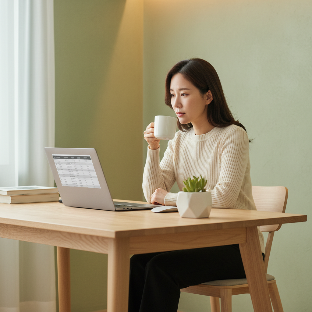 A modern Korean professional, sitting at a desk with a laptop and a small plant, reviewing a financial statement with a calm and focused expression. The setting is a clean, minimalist home office with warm, soft lighting and a light green textured wall. Lifestyle photography, centered focus, no text, no empty margins.