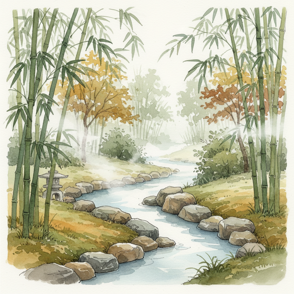A serene Korean traditional garden with a gently flowing stream winding through smooth rocks and bamboo trees, soft morning mist, peaceful atmosphere, natural earth tones and green foliage, artistic illustration style with watercolor texture, no text in image