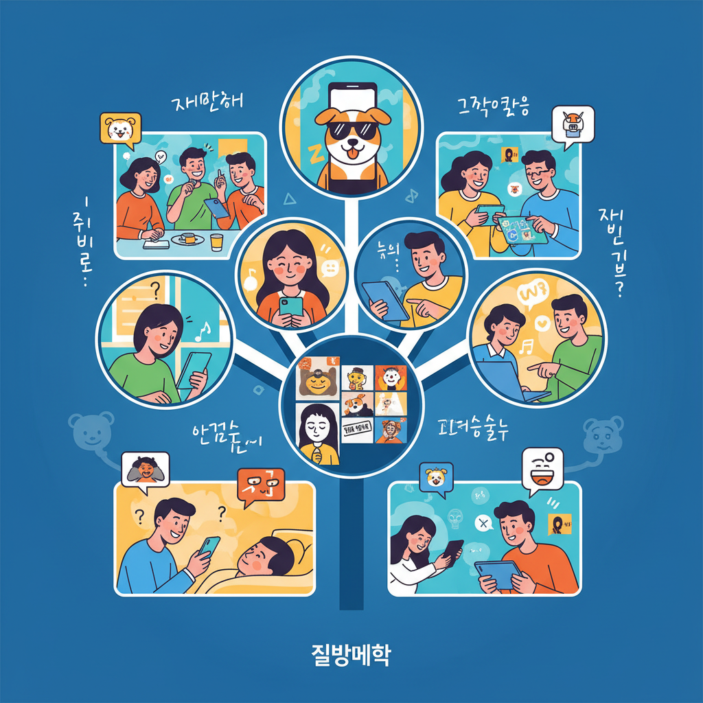 A creative and visually engaging infographic illustrating the concept of "jjalbangmihak" (짤방미학), showing people interacting with various internet memes and expressive images on their phones and computers, with a sense of humor and connection. The style is clean and modern, with vibrant colors and subtle motion blur, no text, Korean characters in the scene are diverse.