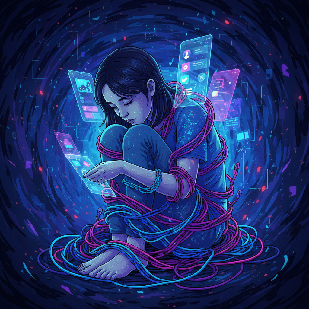 A symbolic illustration depicting a Korean person subtly ensnared by glowing smartphone interfaces and tangled phone cables, representing digital addiction and its negative consequences. Emphasize the feeling of being trapped and overwhelmed. Illustration style, dark but vibrant colors, no text.