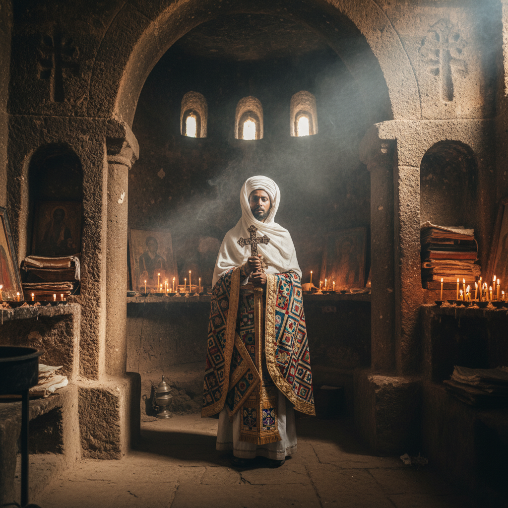 Ethiopian Orthodox priest in traditional white turban and colorful ceremonial robes holding ancient wooden cross, inside rock-hewn church with carved stone pillars and arches, soft natural light filtering through small windows, incense smoke creating mystical atmosphere, religious artifacts and ancient manuscripts visible, candlelight illuminating weathered stone walls, documentary style photography