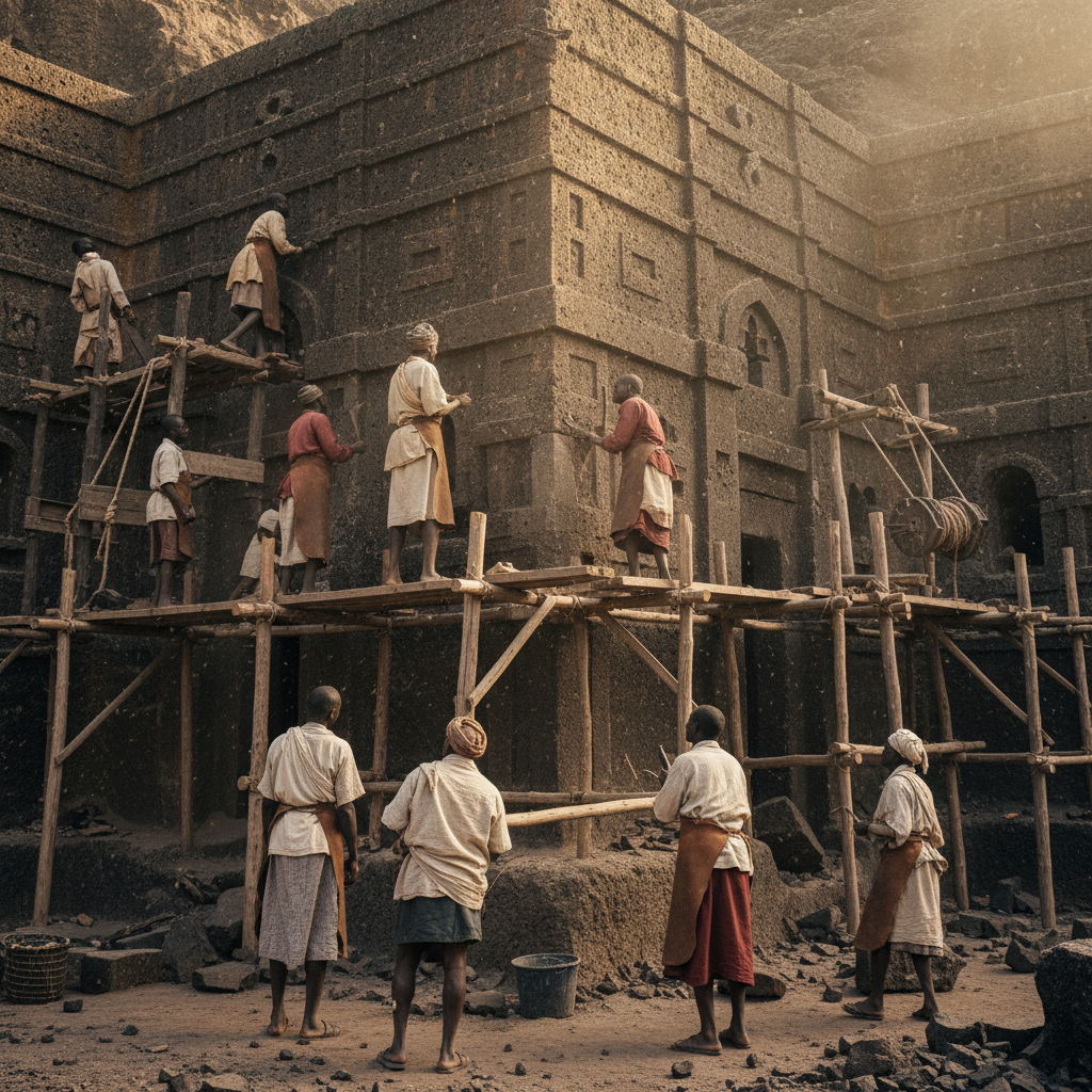 Medieval Ethiopian craftsmen carving rock-hewn church from solid volcanic rock, workers using traditional tools on scaffolding, dust particles in sunlight, detailed stone carving process visible, historical scene with authentic period clothing and equipment, warm lighting highlighting the labor-intensive construction, documentary photography style