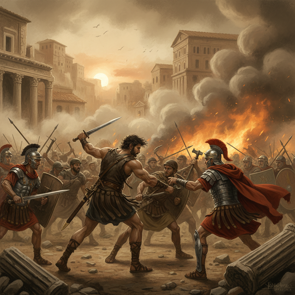 A dynamic and intense illustration of a battle within the ancient city of Rome. Spartacus's slave rebels are depicted in a fierce clash with Roman soldiers, with crumbling buildings and smoke in the background. Style: illustration, artistic rendering, textured background. No text.