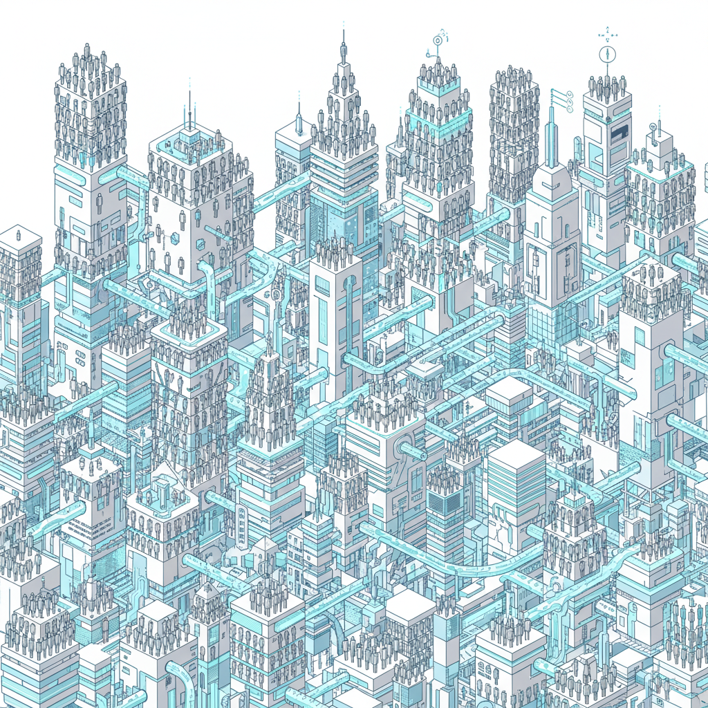 A dense, futuristic cityscape with countless human figures integrated into the architecture, appearing as seamless parts of the system. The environment is orderly but devoid of individual expression. Style: clean infographic, modern layout. No text.