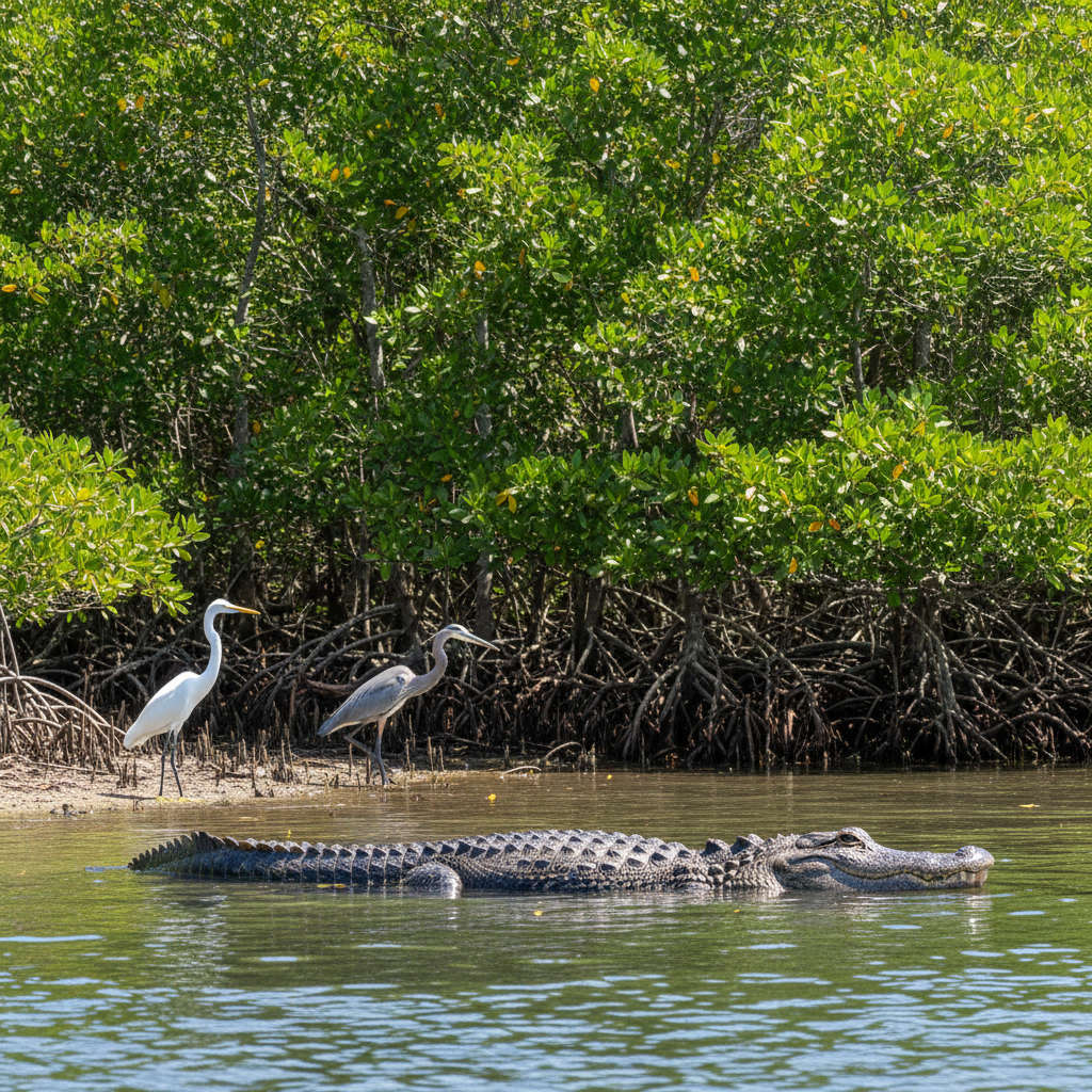 A vibrant lifestyle photography showing the lush mangrove forests of Everglades National Park, with a focus on the diverse wildlife. An American alligator is partially submerged in the clear water, while several elegant wading birds like egrets or herons stand on the shallow banks. The background features dense, green mangrove trees. Bright, balanced lighting, natural setting, textured background, no visible text.