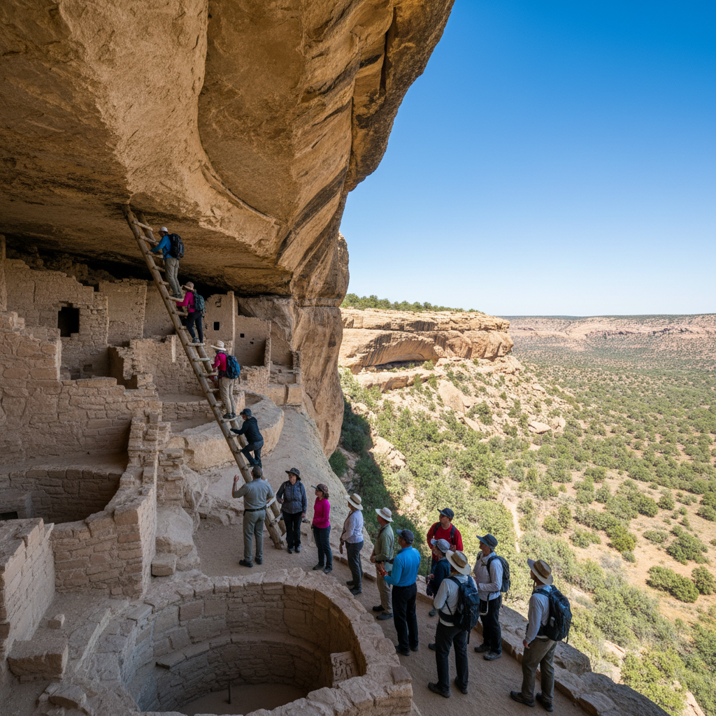 Tourists exploring Mesa Verde cliff dwellings, visitors climbing wooden ladders to access ancient rooms, ranger-guided tour in progress, people wearing hiking gear and hats, sunny day with clear visibility, sandstone cliffs and green mesa top vegetation in background, educational and adventurous atmosphere