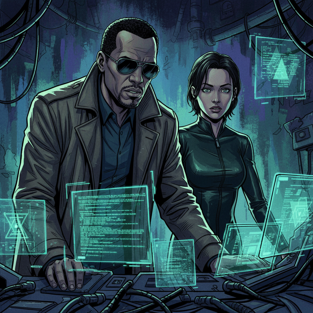 Morpheus and Trinity looking weary and determined in a dimly lit, futuristic hideout. They are surrounded by glowing screens showing cryptic code, with a subtle look of desperation. Style: illustration, artistic rendering, textured background. No text.