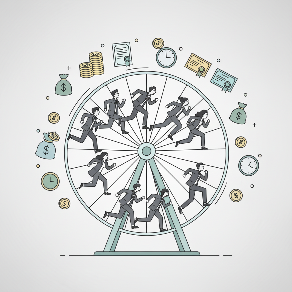 A clean infographic showing a hamster wheel with multiple Korean people in business attire running endlessly, surrounded by floating icons of money, certificates, and clocks. Modern minimalist style, muted colors, no text in image.