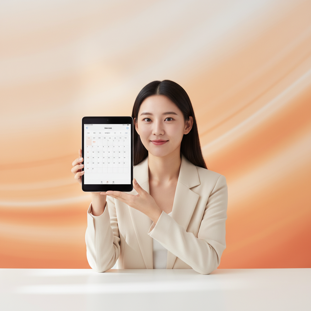 A Korean person at a clean desk, looking optimistically at a planner or tablet, with a slight smile. The background is a soft, warm gradient of orange and yellow, indicating hope and new beginnings. Lifestyle photography, natural lighting, centered focus, no text, no empty margins.