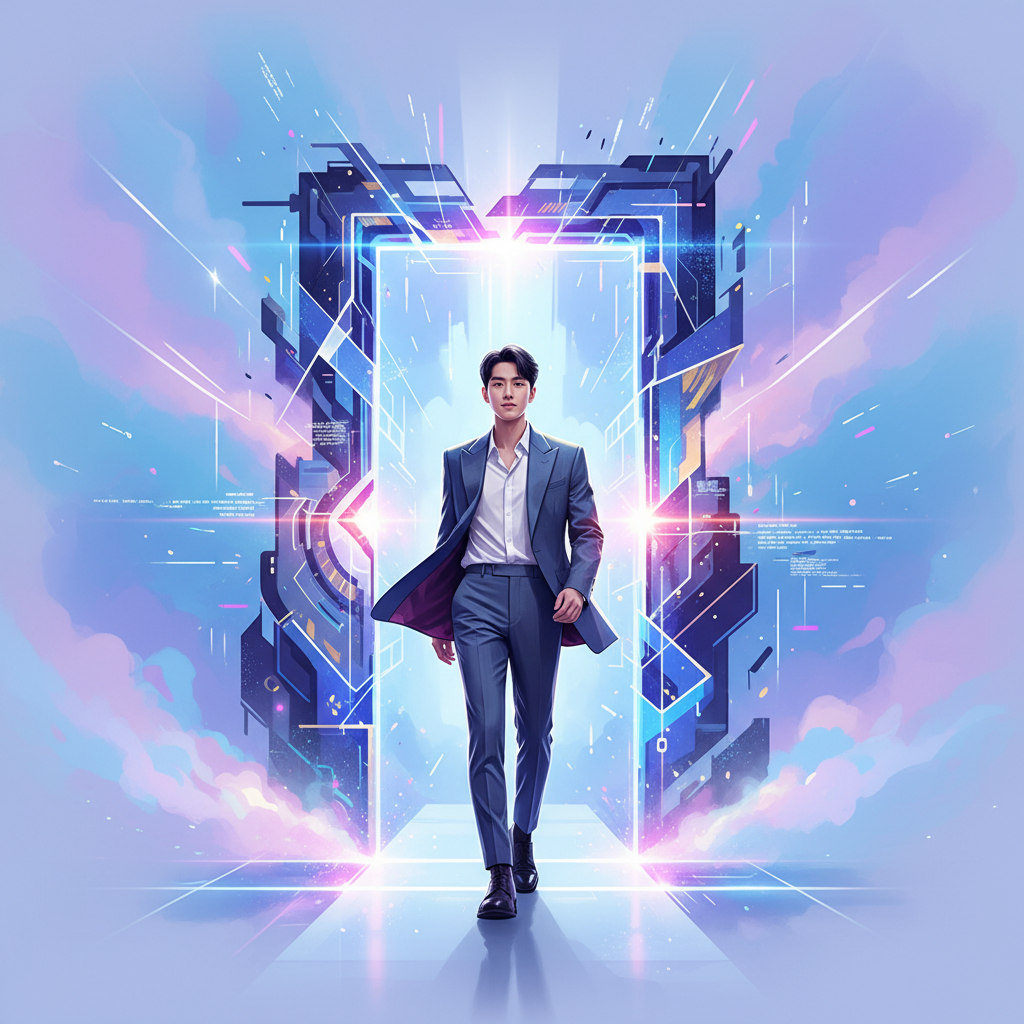 A Korean young person walking confidently towards a bright, abstract digital portal or pathway, representing future opportunities. The background is a blend of soft blues and purples, suggesting hope and innovation. No text.