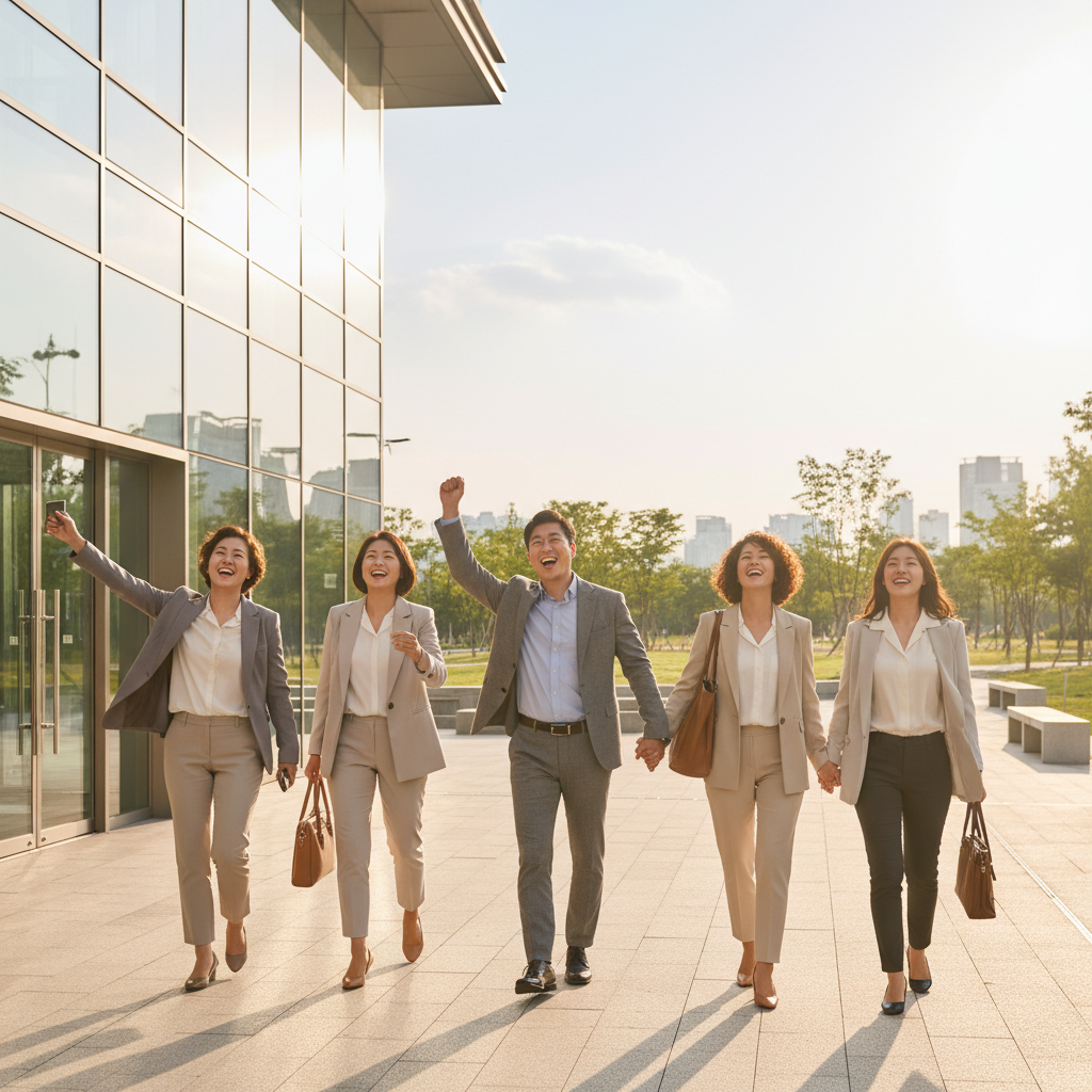 A group of diverse Korean office workers, smiling and refreshed, walking out of an office building into a bright, sunny evening. They are looking relaxed and happy, with a sense of freedom. Style: lifestyle photography, bright, balanced lighting. No text.