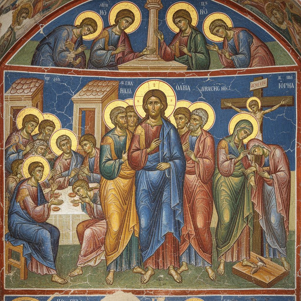 Intricate fresco details inside Boyana Church, depicting biblical scenes with vibrant colors and emotional expressions, illustration, artistic rendering, textured background, bright and balanced lighting. No visible text in image.