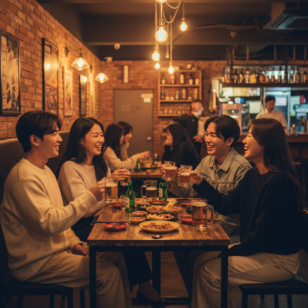 Korean young people enjoying drinks and laughter in a cozy pub on Friday night, warm lighting, lifestyle photography, no text