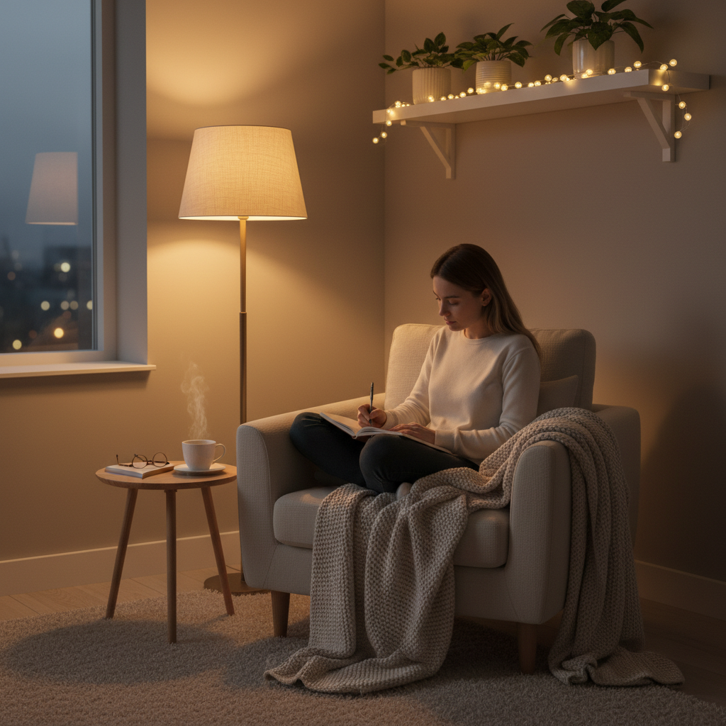Calm cozy evening home scene with a person journaling and reflecting, warm lighting, minimal style, no text