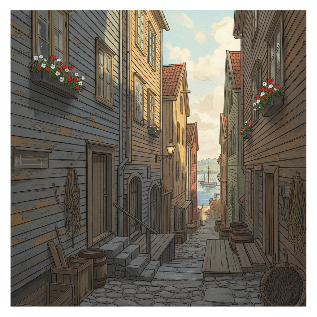 An illustration of a narrow, historical alleyway within Bryggen, Bergen. Show the weathered wooden walls and quaint details, conveying a sense of stepping back in time. Style: illustration, textured background, bright lighting. No visible text.