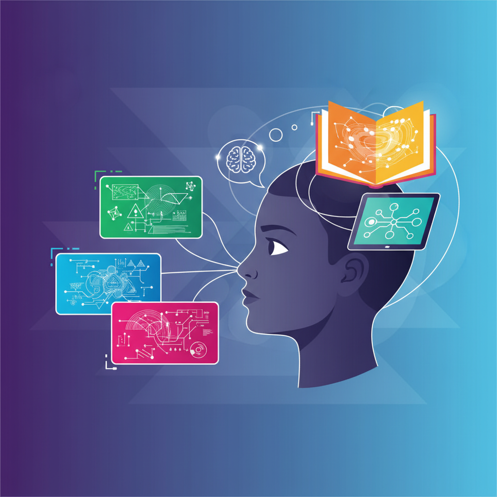 A person thoughtfully looking at multiple screens or books, representing diverse information sources and critical thinking. The person's expression is curious and engaged. Style: clean infographic, modern layout, high contrast. No visible text. colored background.