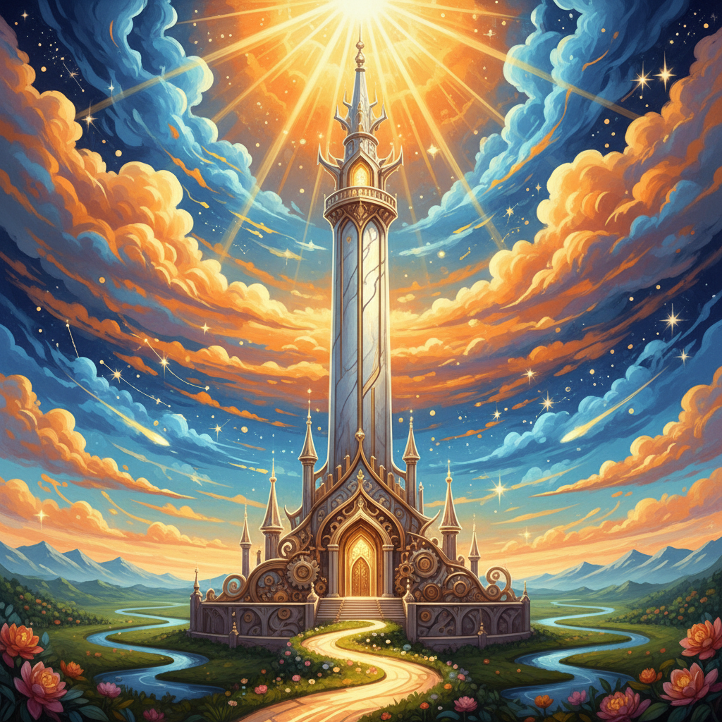 An artistic rendering of a beautifully completed and radiant tower standing tall against a bright, hopeful sky, symbolizing successful achievement and the culmination of long effort. Illustration, vibrant colors, textured background, no text.