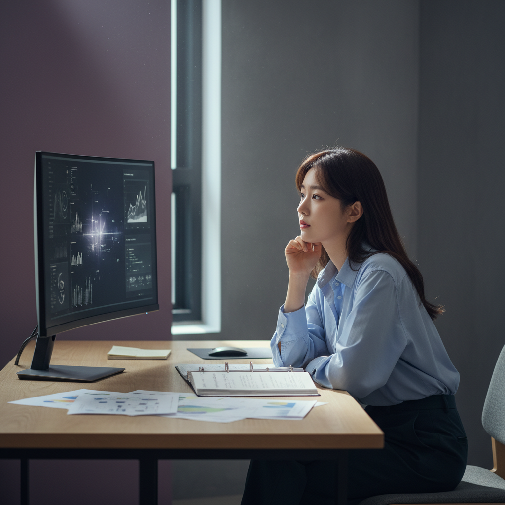 Young Korean office worker sitting at desk with thoughtful expression, hand on chin, modern office interior with computer monitor and documents, soft natural light from window, gradient purple and gray background, realistic lifestyle photography, contemplative mood