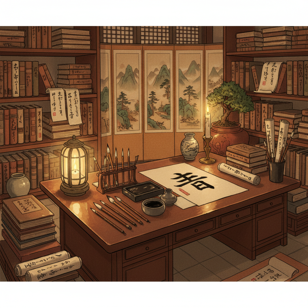 Artistic illustration of traditional Korean study room with ancient books and scrolls, calligraphy brushes and ink stone on wooden desk, warm candlelight ambiance, cultural elements showing wisdom and learning, rich brown and gold color palette, detailed texture, no text