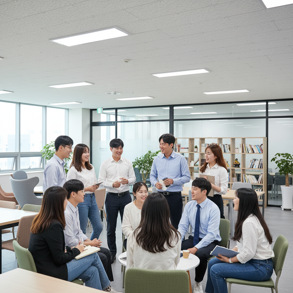lifestyle photography of office workers and students interacting and smiling naturally, Korean people, bright indoor lighting, no text